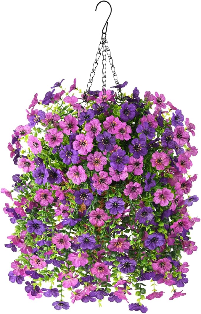 Homsunny Artificial Fake Hanging Plants Flowers Baskets for Outdoor Outside Spring Decor,Faux Silk Daisy UV Resistant Look Real Summer Decorations for Home Porch Patio Yard Garden(Mix Purple