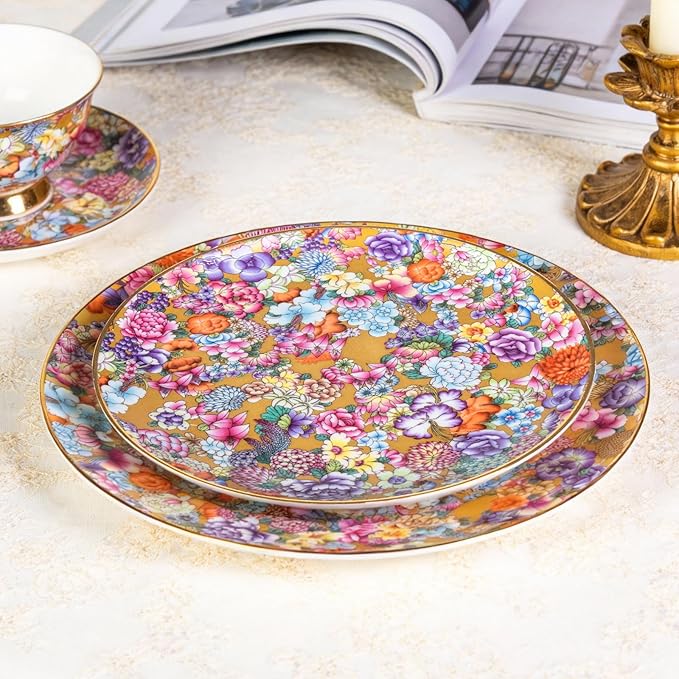 KAMMAK Decorative Plates Set for Display, Gold Ceramic Plate Decor with Stand，Handmade Vintage Flower Porcelain Ornament for Living Room, Kitchen, Office, Perfect Chinese Style Dish Gift (8in+10in)