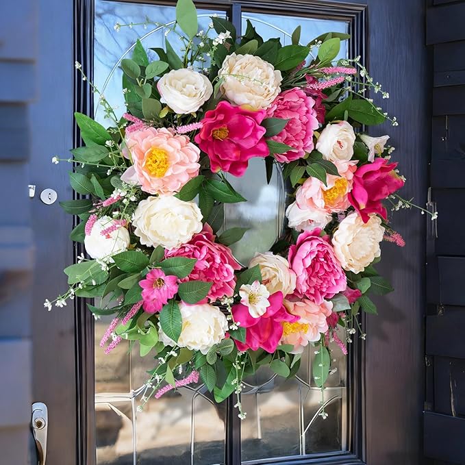 24 Inch Spring Wreaths for Front Door Outside,Artificial Silk Peony Rose Magnolia Spring Summer Wreath with Lavender Greenery | Luxury Summer Wreaths for Front Door-Indoor Outdoor Wreath Decor