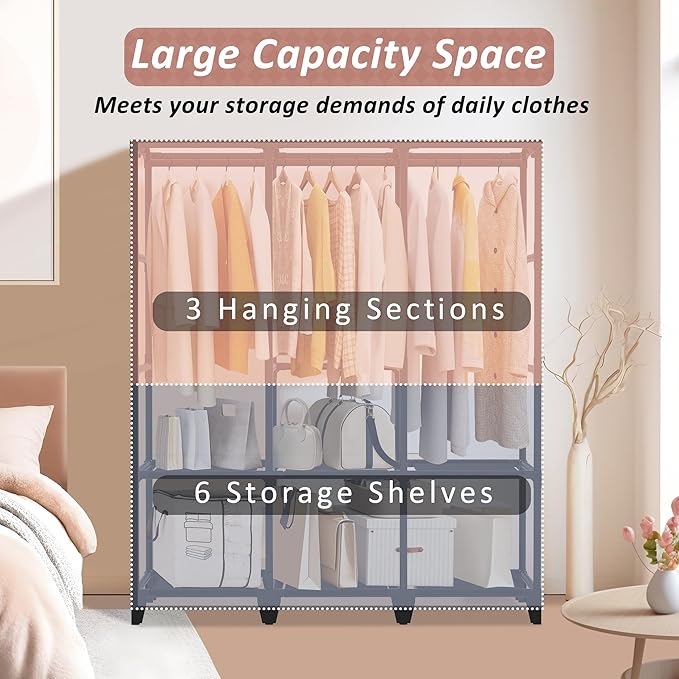 Wardrobe Closet, Quick and Easy Assembly, Black Large Capacity Portable Closet with 3 Hanging Rods 6 Storage Shelves and 8 Side Pockets, Clothes Rack with Cover, for Bedroom and Living Room