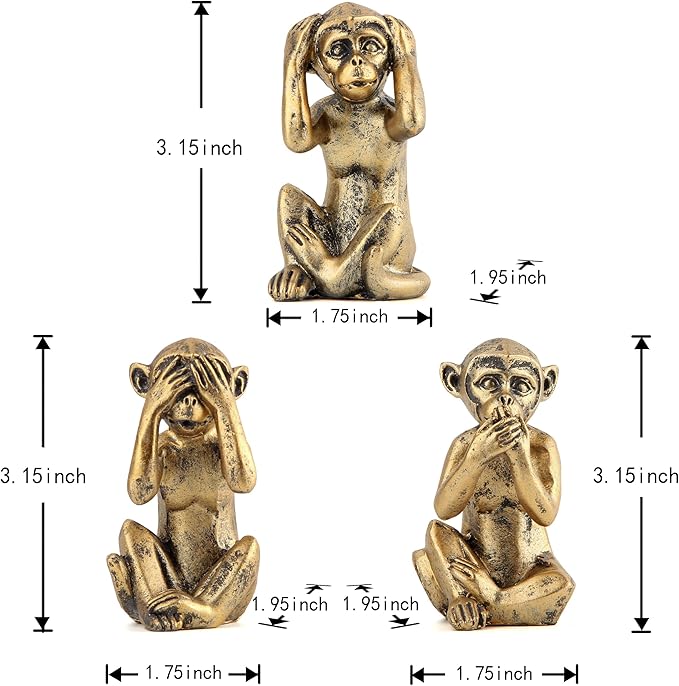 Leekung 3 Wise Monkeys Statue for Home Decor Accents,Hear no Evil See no Evil Speak no Evil Figurine for Living Room Boho Desk Gold Modern Table Decor,Monkey Gift Shelf Decor Accents Antique Bronze