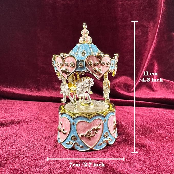 Carousel Music Box Figurine, Blue/Pink Enamel, Heart & Rose Golden Details, Ideal Home Decor & Gift Giving