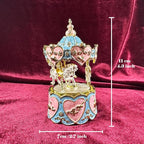 Carousel Music Box Figurine, Blue/Pink Enamel, Heart & Rose Golden Details, Ideal Home Decor & Gift Giving