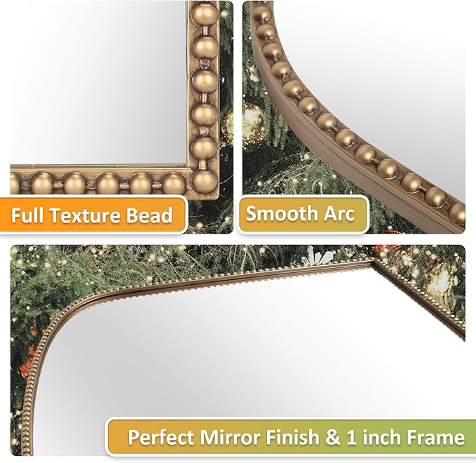 36"X28" Arched Mirror,Metal Beaded Frame Mirror for Wall,Ornate High-Definition Mirrors,Fit for Fireplace, Living Room,Hallway,Bathroom,Antique Gold
