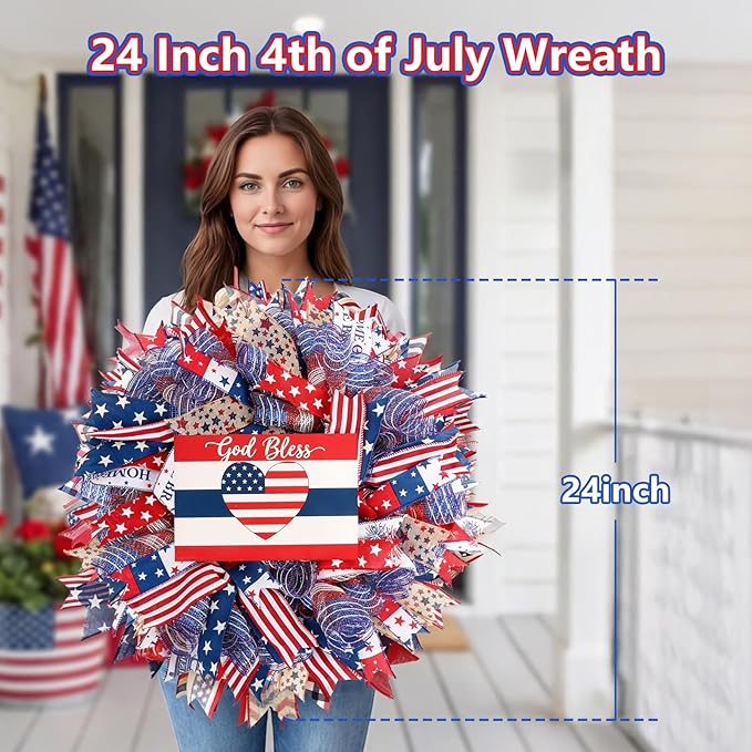 Patriotic Wreath for Front Door, 24 inch 4th of July Decorations with Red White Blue Flag Tags for 250th Anniversary American Independence Day Memorial Day Decor