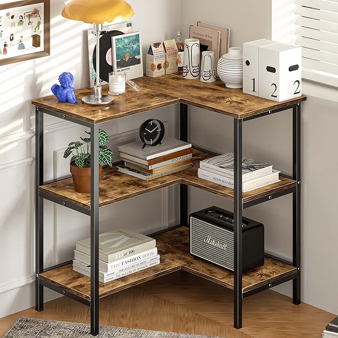 VECELO Corner Cabinet Table with 3 Tier Open Shelf, Multipurpose Display Organizer Storage Stand for Small Space Home Office Kitchen, Brown