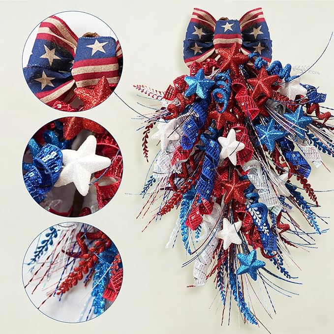 Idyllic 2 Pcs Red White and Blue Glitter Patriotic Swag with Stars & Double Bow | Sparkling 4th of July Memorial Day Front Door Hanging Decor