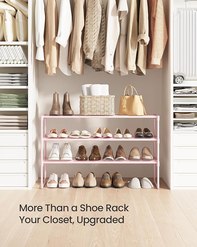 SONGMICS Shoe Rack, 3-Tier Shoe Organizer, Metal Storage Shelf, Upright or Upside Down, for 16-20 Pairs, Stackable, for Entryway, 11.8 x 36.2 x 21.7 Inches, Jelly Pink ULSA303S01