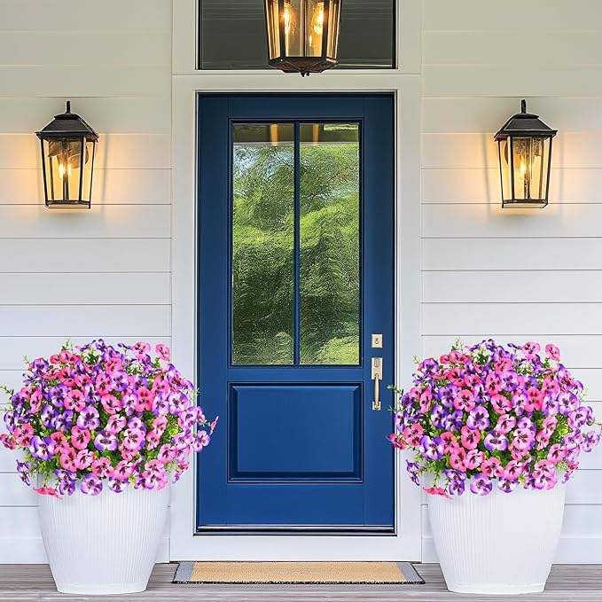 MARTINE MALL 12 Bundles Look Real Artificial Flowers for Outdoors, Realistic Fake Outdoor Flowers, UV Resistant Silk Pansy Flowers for Outside Faux Flowers Plants for Outdoor Porch Patio, Pink+Purple