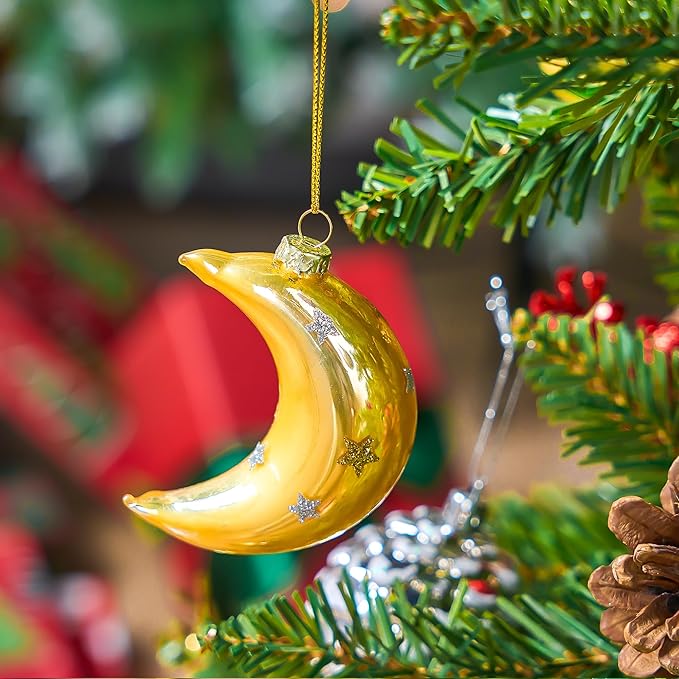 Joiedomi Christmas Moon Ornaments, Glitter Blown Glass Moon Decorations for Tree Hanging Ornament Outdoor Christmas Decorations Indoor