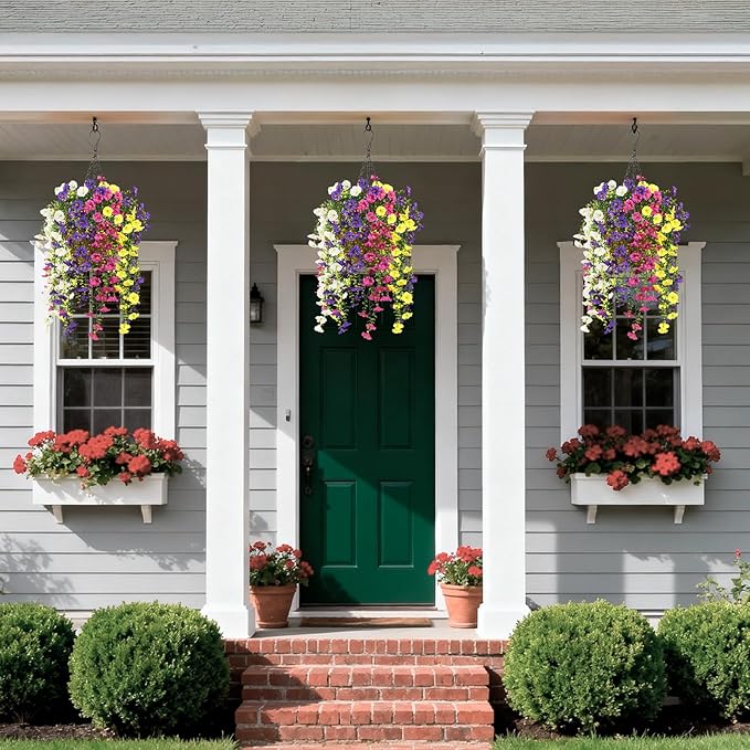 Homsunny Artificial Fake Hanging Flowers Plants Baskets for Outdoor Spring Decoration, Faux Morning Glory Silk Flower for Outside Realise UV Resistant Patio Yard Balcony Porch Home Decor (Mixed 2)