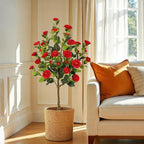 Bellacat 4ft Artificial Camellia Tree with Silk Red Flowers, 48in Faux Camellia Plant with Lifelike Trunk, Fake Flower Tree Potted Front Door Plants for Porch Patio Deck Living Room Decor, 2Pack