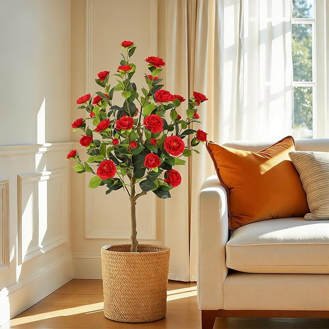 Bellacat 4ft Artificial Camellia Tree with Silk Red Flowers, 48in Faux Camellia Plant with Lifelike Trunk, Fake Flower Tree Potted Front Door Plants for Porch Patio Deck Living Room Decor, 2Pack