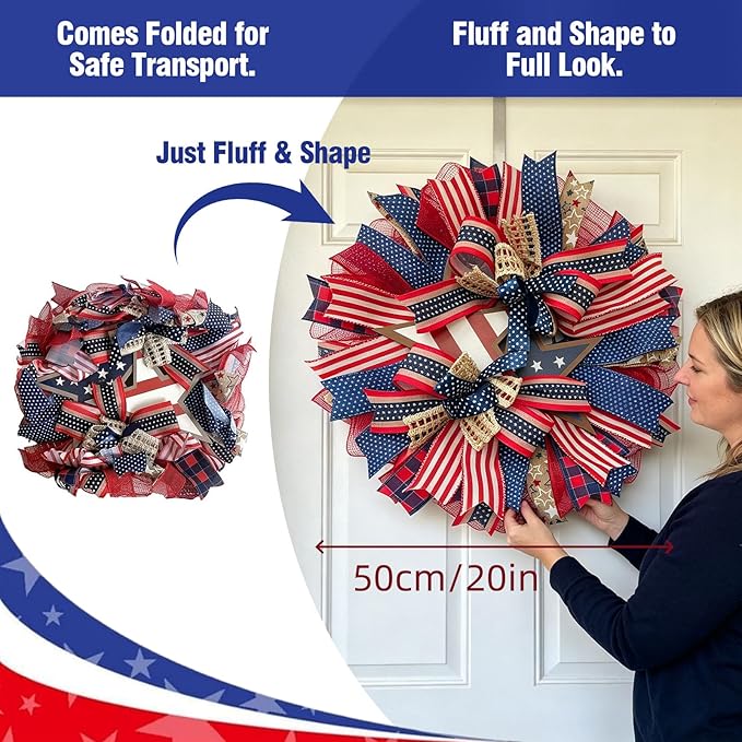 250th Anniversary Patriotic Wreath for Front Door, 20 Inch Red White Blue Wreath 4th of July Wreaths Memorial Day Decor Independence Day Decoration for Home Farmhouse Holiday (Star)
