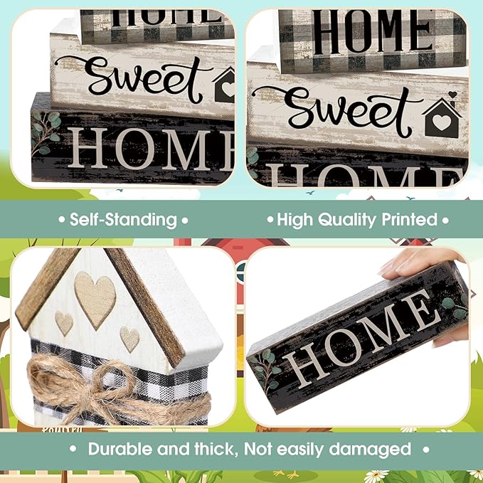 Moucuny 4 Pcs Farmhouse Wooden Tabletop Decor Sweet Home Tiered Tray Decor Rustic Retro Wood House Shaped Block Sign Housewarming Gifts Neutral Centerpiece Farmhouse Table Sign for Home Shelf Mantle