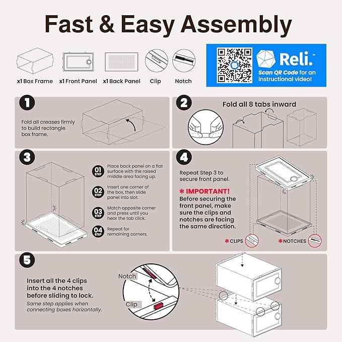 Reli. Shoe Boxes (14 Pack) | Clear Shoe Storage Boxes Stackable and Compact | Lightweight Plastic Storage Box with Ventilation Holes, Swing Door | Interlocking Containers, Stackable Rack | White