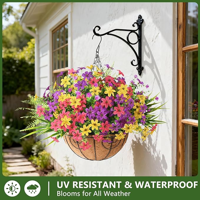 Artificial Flowers with Fake Fern Plants for Outdoors, 12 Bundles Realistic Faux Flower Silk Daisy with Eucalyptus Stem UV Resistant for Outside Patio Planter Porch Yard Window Spring Decoration