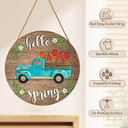 Harooni Hello Spring Blue Truck Welcome Sign for Front Door Spring Summer Wreaths for Front Door Tulip Flowers Pickup Wood Wreath Rustic Farmhouse Door Hanging Sign for Indoor Outdoor Decor 12 Inch