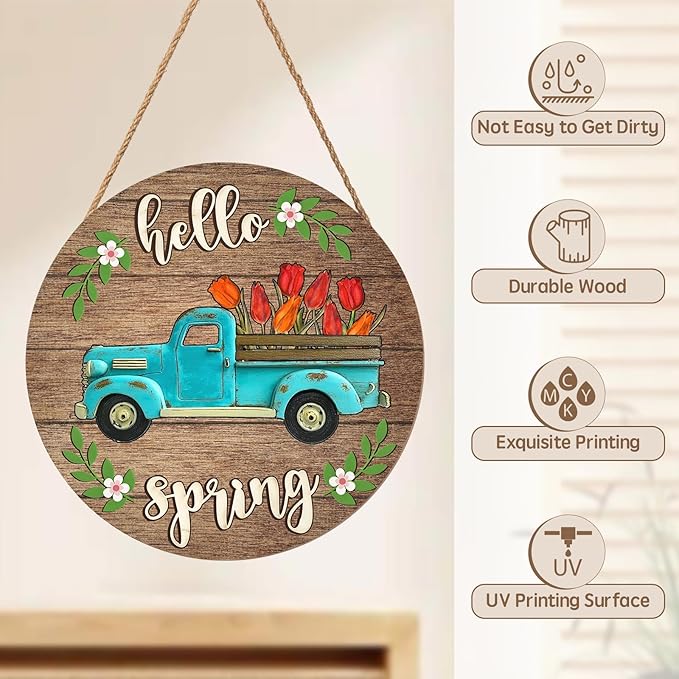 Harooni Hello Spring Blue Truck Welcome Sign for Front Door Spring Summer Wreaths for Front Door Tulip Flowers Pickup Wood Wreath Rustic Farmhouse Door Hanging Sign for Indoor Outdoor Decor 12 Inch