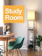 Floor Lamp with Shelves for Living Room, Shelf Floor Lamp with 3 CCT LED Bulb, Corner Display Standing Column Lamp Etagere Organizer Tower Nightstand with White Linen Shade for Bedroom, Dark Gray