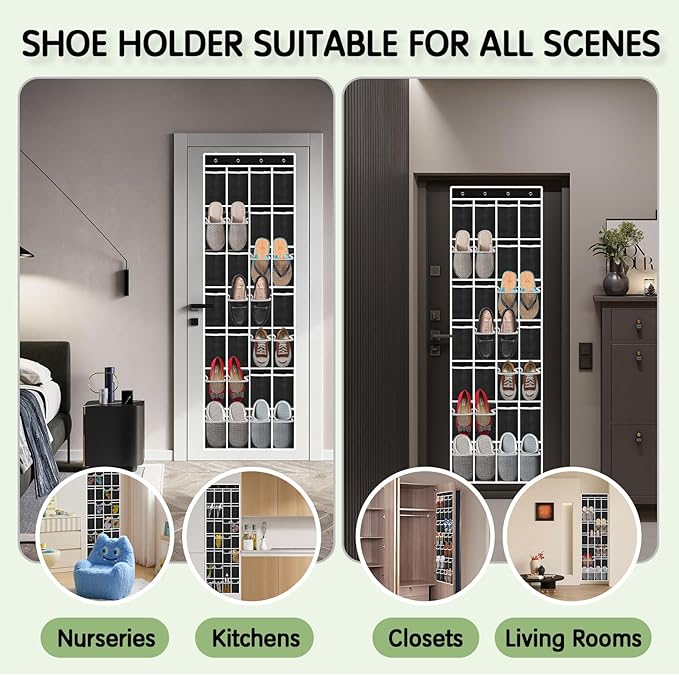 28 Compartment Over the Door Shoe Organizer, Breathable Mesh Large Shoe Rack for Closet Storage, Space Saving Hanging Shoe Holder with Reinforced Hooks (Fits Men & Women,Black-01)