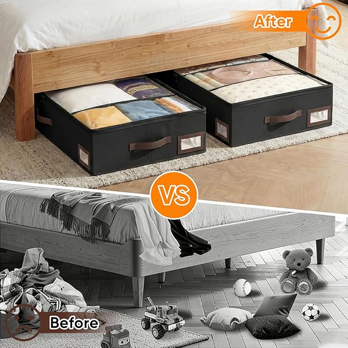 OIAHOMY 2 Pack Under Bed Storage, 6 Inch High Under Bed Storage Containers with Adjustable Dividers, Dual Zippers, &Clear Lid, 38L Under Bed Drawers For Clothes, Blankets, Clothing, & Shoes, Black