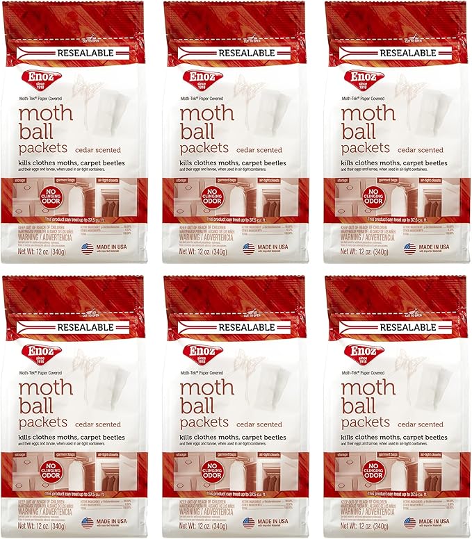 Enoz Moth-Tek Packets Cedar Scent - 12 oz. Bag (6) Kills Clothes Moths, Carpet Beetles, and Eggs and Larvae