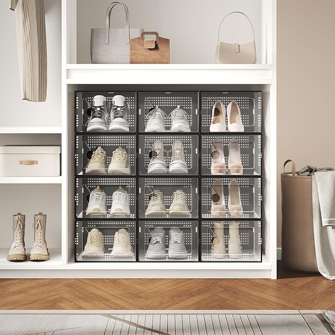 NEWBULIG 36 Clear Shoe Storage Boxes, Shoe Organizer for Closet with Lid, Plastic Stackable Breathable Shoe Cabinet with Lid for Sneakers, Heels & Boots, Black