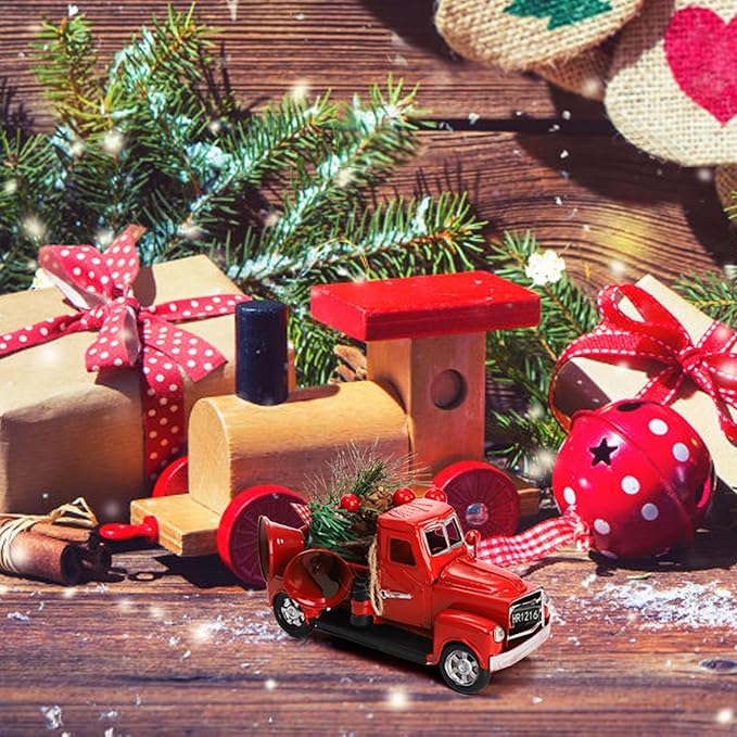 Youeon Farmhouse Red Truck Decor, 7x3.1x3.5 Inch Vintage Metal Pickup Truck Valentine Ornament Gift, Rustic Table Centerpiece, Small Garden Planter Truck Decoration