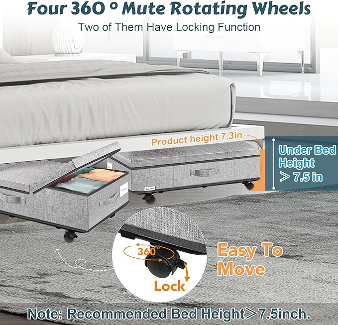 Under Bed Storage with Wheels, Rolling Underbed Storage Containers with Lids, Under Bed Shoe Storage Bins Organizer with Reinforced Metal Bottom Support and Three Handles