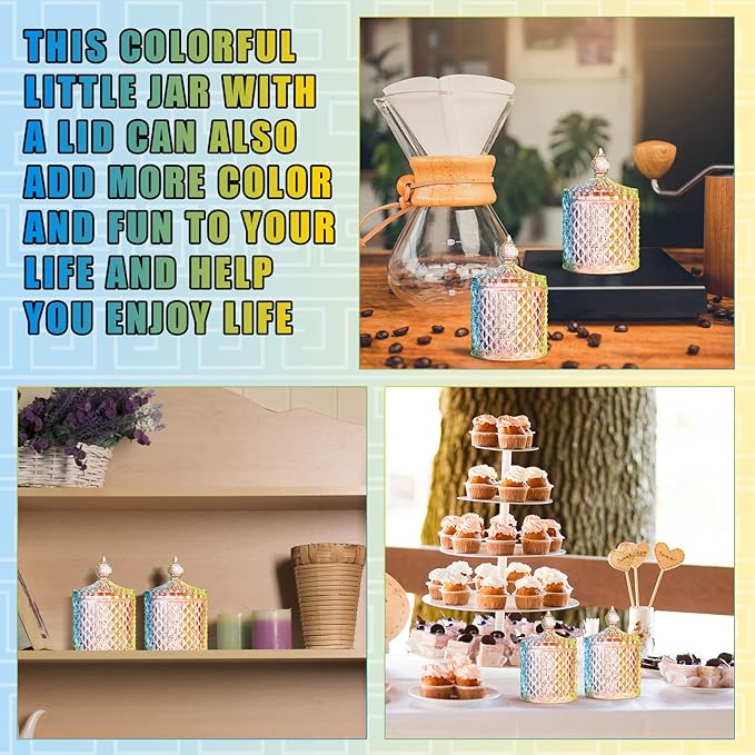 Aoriher 4 Pcs Crystal Glass Candy Jar Set with Lids Home Decorative Storage Jars for Apothecary, Bathroom, Kitchen, and Pantry, Ideal for Cotton Swabs and Jewelry(Large,Colorful)