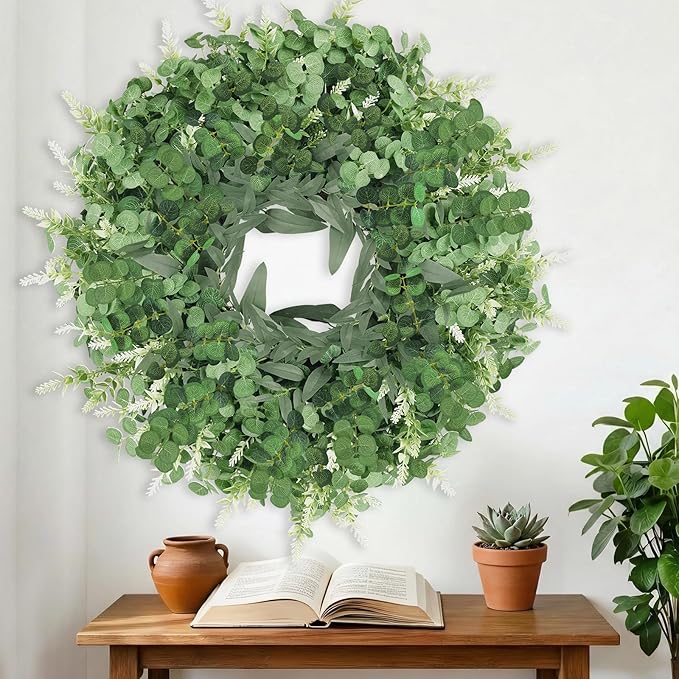 26" Large Eucalyptus Wreath for Front Door Spring Summer Greenery All Season Green Year Round Artificial Eucalyptus Leaves Wreath for Porch Farmhouse Home Wall Window Outdoor Indoor Decorations