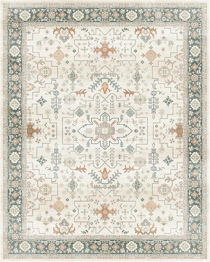 Lessymo 8x10 Washable Rug for Living Room, Cream Green Area Rug for Bedroom Dining Home Office Nursery Room, Soft Non-Slip Vintage Floral Oushak Carpet, Boho Tribal Farmhouse Decor