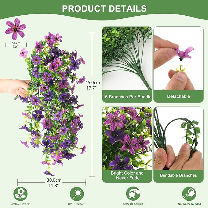Artificial Hanging Flowers for Outdoors, 2 Pcs Fake Hanging Plant Spring Summer Decoration, UV Resistant No Fade Faux Flower for Porch Patio Yard Window Home Decor(Double Purple)