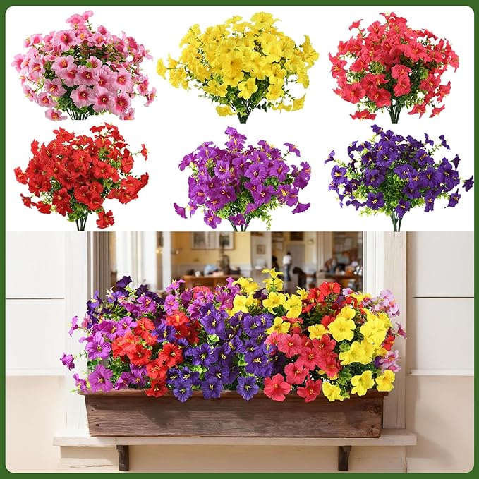 INQCMY Artificial Fake Petunias Flowers for Outdoors Spring Decoration, 12 Bundles Faux Plants UV Resistant Realistic Silk Flower for Outside Planters Patio Porch Yard Window Box (6 Mix Colors)