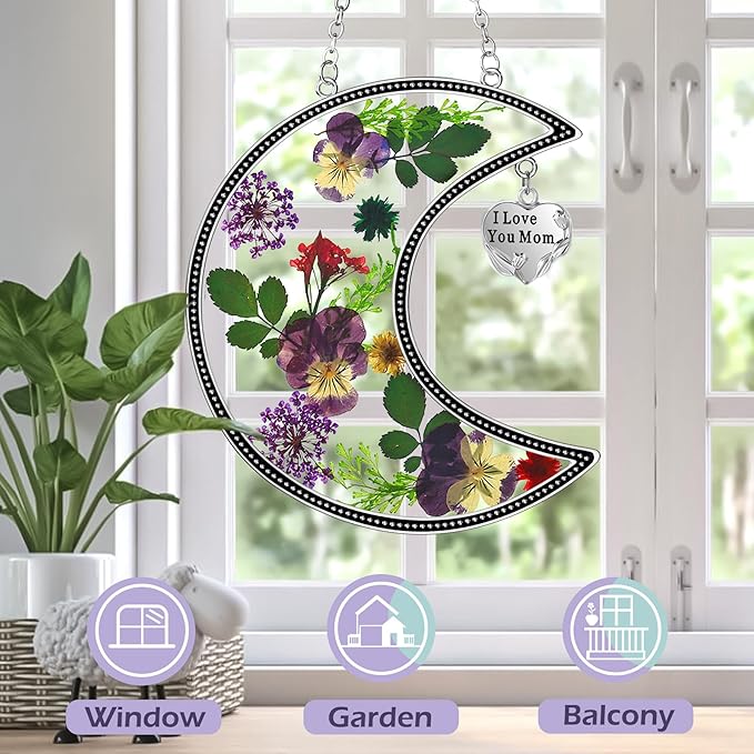 KY&BOSAM Moon Suncatcher Mom Gifts Stained Glass for Window Hangings Wind Chimes Decor with Pressed Real Flower and Metal I Love You Mom Heart Charm Birthday Gift for Women Mother`s Day Christmas