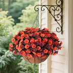 Artificial Hanging Flowers with Basket, Faux Silk Petunias Flower Arrangement, Coconut Lining with Morning Glories Fake Plants Patio Garden Porch Deck Spring Summer Decor(Orange Brown)