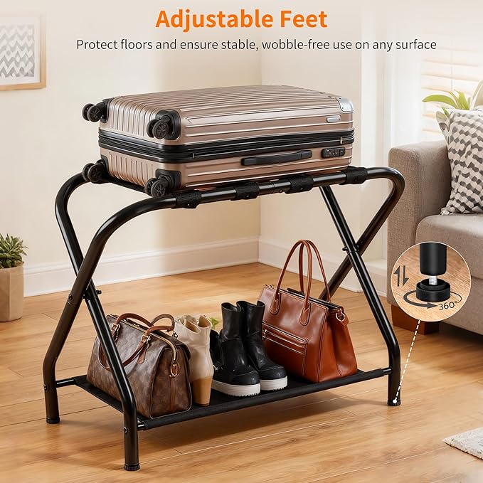 Heybly Luggage Rack for Guest Room, Pack of 2, Steel Folding Suitcase Stand with Storage Shelf for Bedroom, Hotel, Foldable Steel Frame, Guest Room 26.2" L x 14.4" W x 20.5" H, Black HLR004B2