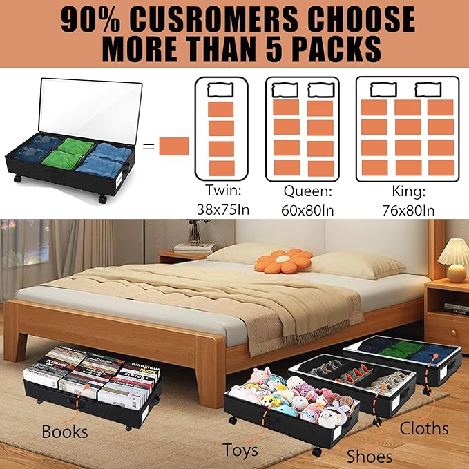 2 Pack Under Bed Storage Rolling Metal Frame Underbed Containers with Wheels Lid Visiable Window Storage Bag Box Organizer Home Closet Organization Drawer Bins for Clothes Shoes Toys Blanketss Black