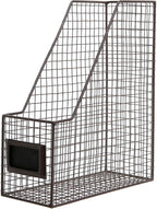 MyGift Metal Wire Magazine Holder in Rustic Brown Finish, Desktop Document and File Folder Storage Bin with Chalkboard Label for Home, Office, School, Dorm, Set of 2