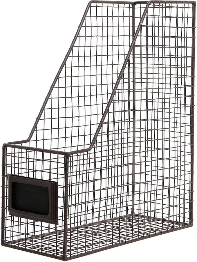 MyGift Metal Wire Magazine Holder in Rustic Brown Finish, Desktop Document and File Folder Storage Bin with Chalkboard Label for Home, Office, School, Dorm, Set of 2
