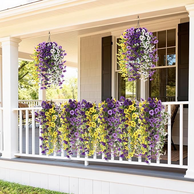 Fake Artificial Flowers for Outdoors, 4 Pcs Faux Hanging Pansy Flowers Spring Summer Decor, UV Resistant Fake Plants Silk Flower for Planter Front Door Porch Patio Yard Garden(Purple Yellow White)