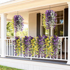 Fake Artificial Flowers for Outdoors, 4 Pcs Faux Hanging Pansy Flowers Spring Summer Decor, UV Resistant Fake Plants Silk Flower for Planter Front Door Porch Patio Yard Garden(Purple Yellow White)