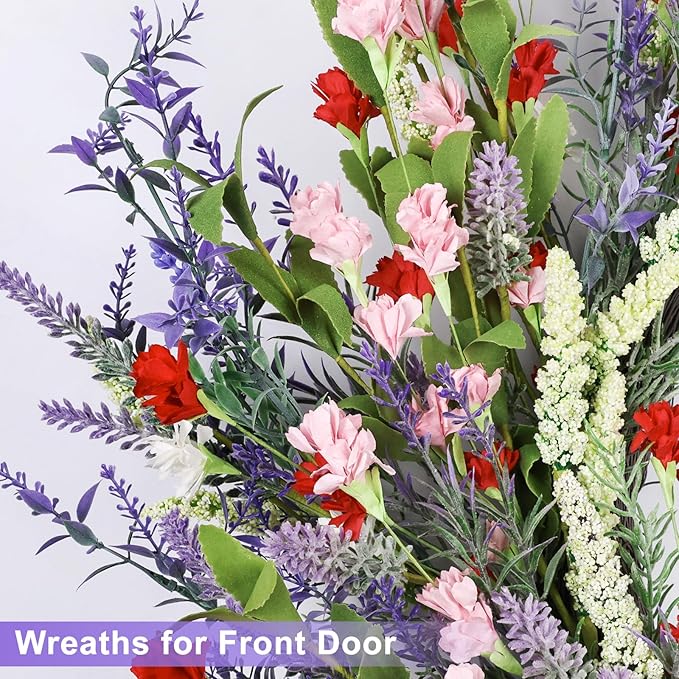LZNPA 26 Inch Large Lavender Wreath for Front Door Greenery Summer Spring Wreaths for Front Door Wreaths for Front Door All Seasons for Wedding Farmhouse Wall Porch Window Decor(Red Pink Lavender)