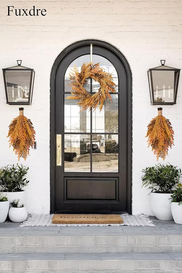 Decorative Teardrop Swag for Front Door, Artificial Wall Swags with Wheat & Pine Cones & Pine Needle for Home Porch Wall Window Halloween Christmas Indoor Outdoor Decor