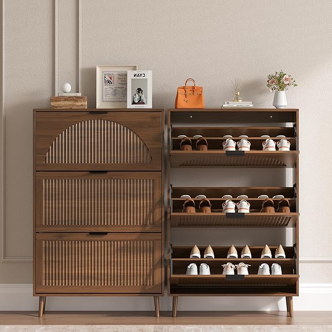 Shoe Cabinet for Entryway with 3 Flip Drawers, Slim Wooden Shoe Storage Organizer with Modern Fluted Pannel，Freestanding Narrow Hidden Shoe Rack for Hallway, Foyer, Living Room