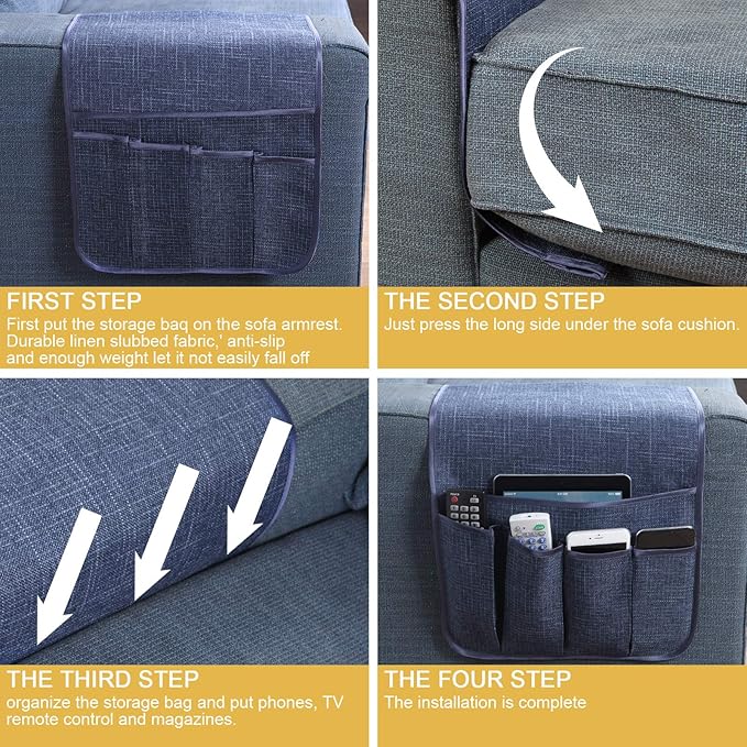 Sofa Armrest Organizer Non-Slip Remote Control Holders for Recliner Couch Chair Armchair Caddy with 5 Pockets for Table,Cell Phone,Ipad,Magazines,Books (Navyblue, 13 x 35 Inch)