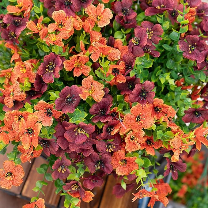 Artificial Faux Mums Flowers Plants for Outdoors Outside Fall Autumn Decoration,12 Bundles Realistic Fake Flowers Plant Greenery Silk Daisy UV Resistant Planters Porch Patio Garden（Orange Burgundy）
