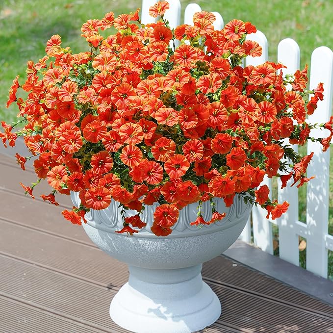Artificial Flowers Fake Plants for Outdoors Decoration, 12 Bundles Orange Silk Morning Glory with Eucalyptus Realistic UV Resistant Faux Flowers Greenery for Outside Planter Yard Garden Home Indoor