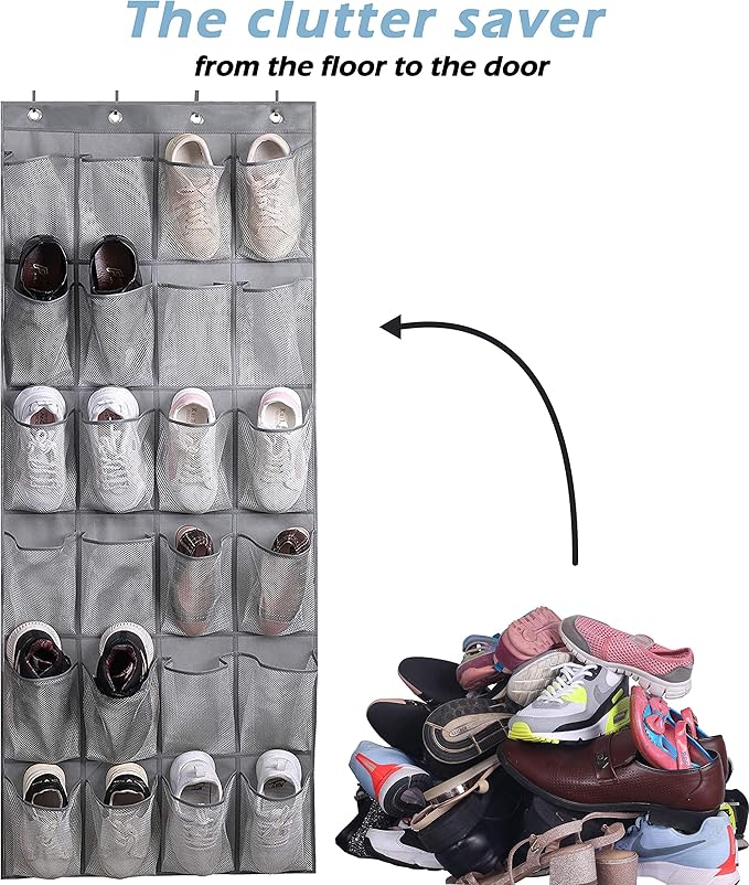 MISSLO Over The Door Shoe Organizer Hanging Closet Holder Hanger Storage Bag Rack with 24 Large Mesh Pockets, Gray